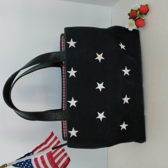 Navy Canvas Tote with Red check lining & embriodered White Stars - Picture 2 of 6